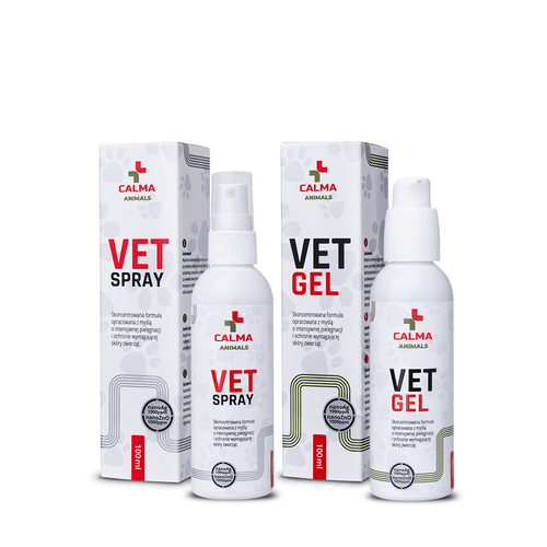 Zestaw Calma Animals VET GEL + VET SPRAY 2× 100 ml – butelki i pudełka