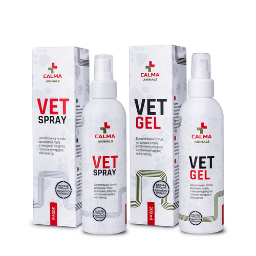 Zestaw Calma Animals VET GEL + VET SPRAY 2× 200 ml – butelki i pudełka