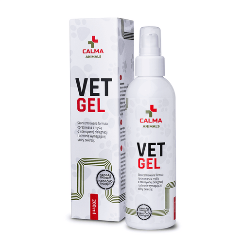 Calma Animals VET GEL 200 ml, hydrożel z nanosrebrem i nanotlenkiem cynku – butelka z pompką i pudełko