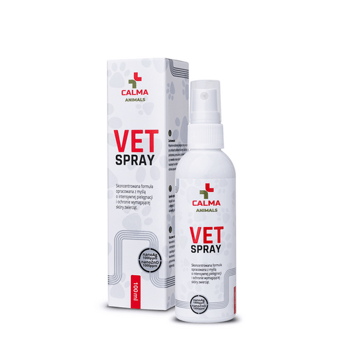Calma Animals VET SPRAY 100 ml, spray z nanosrebrem i nanotlenkiem cynku – butelka z atomizerem i pudełko