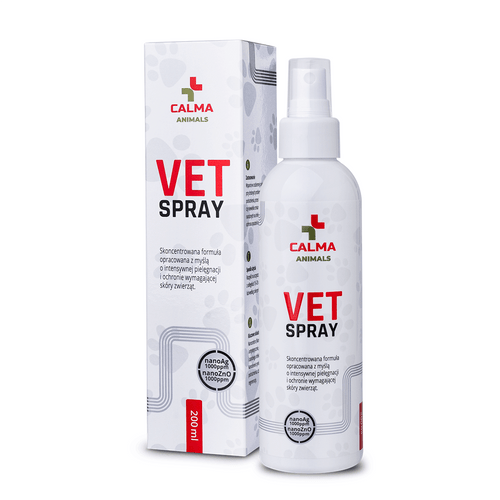 Calma Animals VET SPRAY 200 ml, spray z nanosrebrem i nanotlenkiem cynku – butelka z atomizerem i pudełko